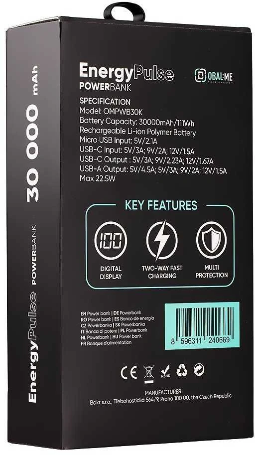 OBAL:ME EnergyPulse Powerbank 30000mAh 22.5W juodos spalvos