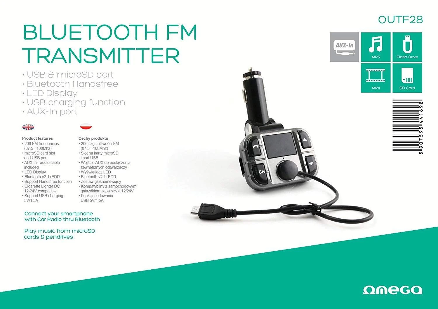 Omerga FM bangu moduliatorius Omega OUTF28 (AUX, SD, USB, LCD)