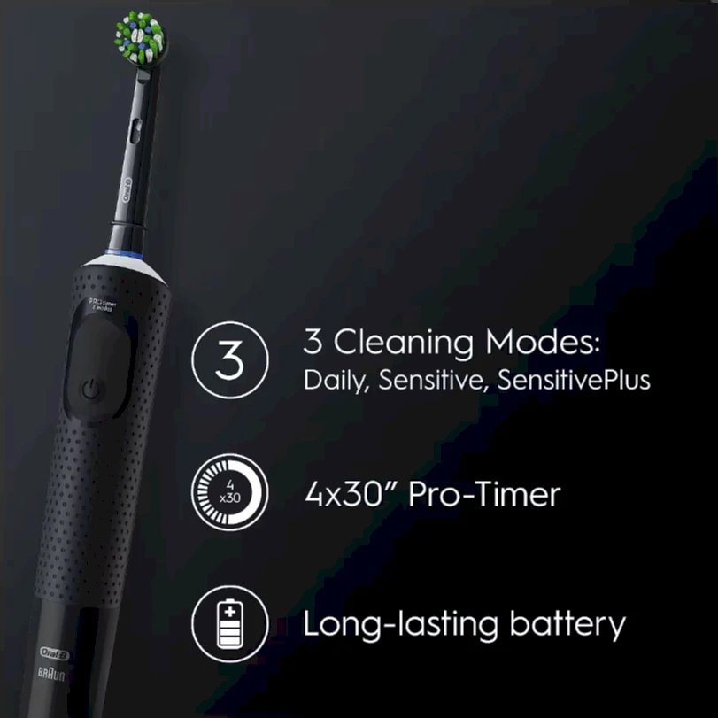 Oral-B Vitality Pro šepetėlis su funkcijų infografika