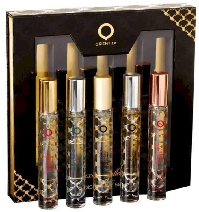 „Orientica Luxury Collection Discovery Set“ EDP rinkinys moterims (EDP Amber Rouge 10 ml + EDP Oud Saffron 10 ml + EDP Velvet Gold 10 ml + EDP Royal Bleu 10 ml + EDP Royal Amber 10 ml)