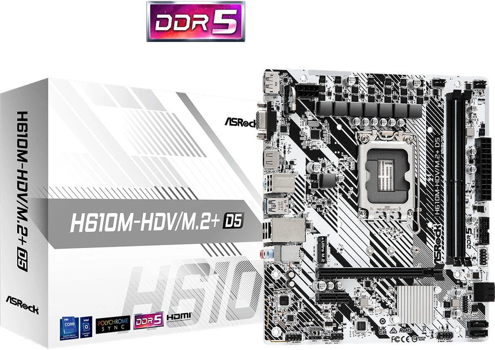Pagrindinė plokštė ASRock | H610M-HDV/M.2+ D5 | Procesorių šeima Intel | Procesoriaus lizdas LGA1700 | DDR5 DIMM | Palaikomos standžiojo disko sąsajos SATA3, M.2 | SATA jungčių skaičius 4