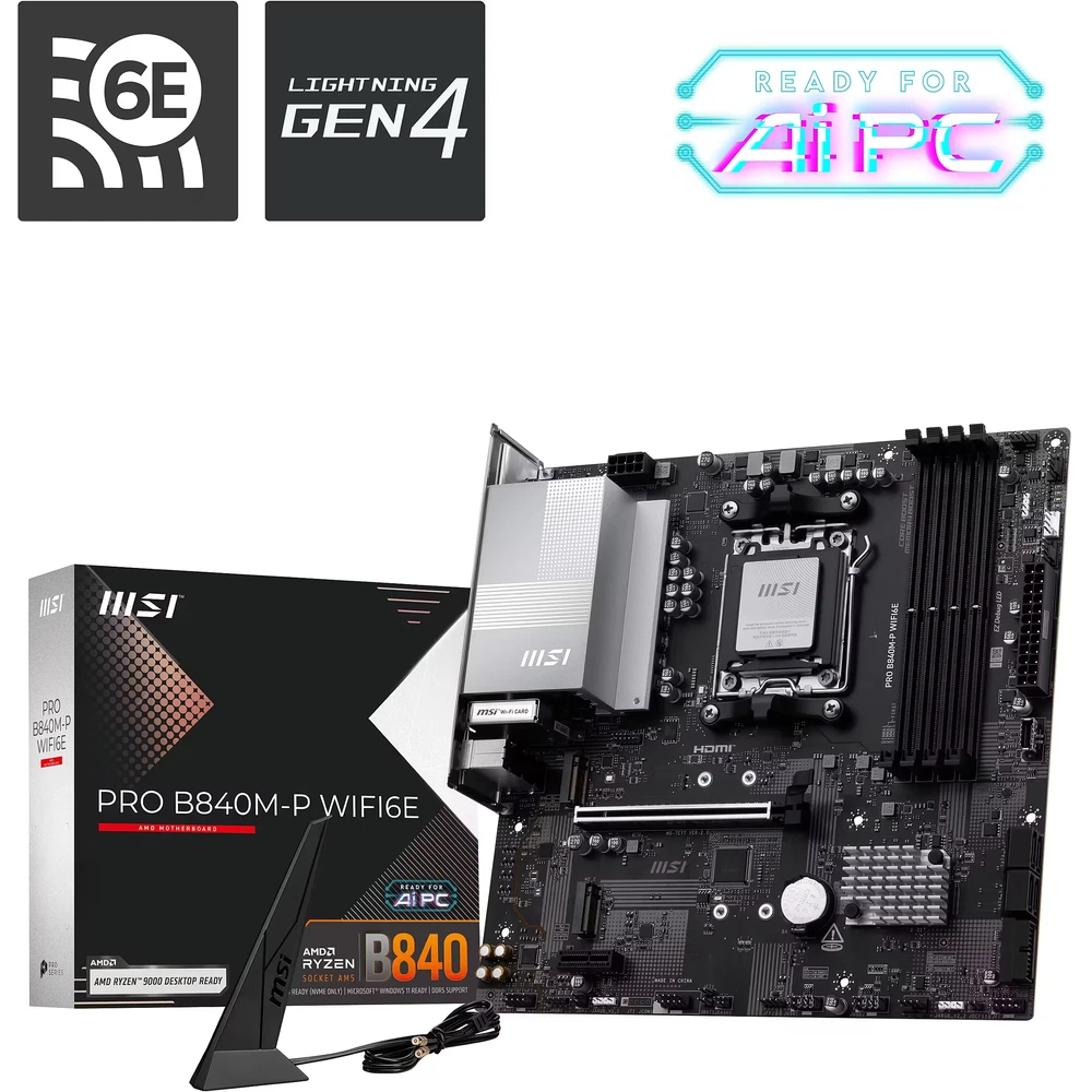 Pagrindinė plokštė MSI PRO B840M-P WIFI6E | Procesorių šeima AMD | Procesoriaus lizdas AM5 | DDR5 | Palaikomos kietojo disko sąsajos SATA, M.2 | SATA jungčių skaičius 4 | ATNAUJINTOS ORIGINALIOS PAKUOTĖS IR PRIEDAI, PRIDEDAMA GALINĖ SKYDELIO DALIS