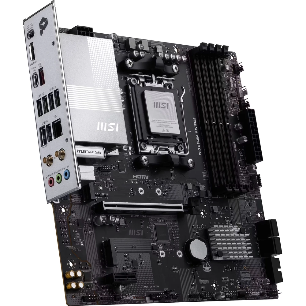 Pagrindinė plokštė MSI PRO B840M-P WIFI6E | Procesorių šeima AMD | Procesoriaus lizdas AM5 | DDR5 | Palaikomos kietojo disko sąsajos SATA, M.2 | SATA jungčių skaičius 4 | ATNAUJINTOS ORIGINALIOS PAKUOTĖS IR PRIEDAI, PRIDEDAMA GALINĖ SKYDELIO DALIS