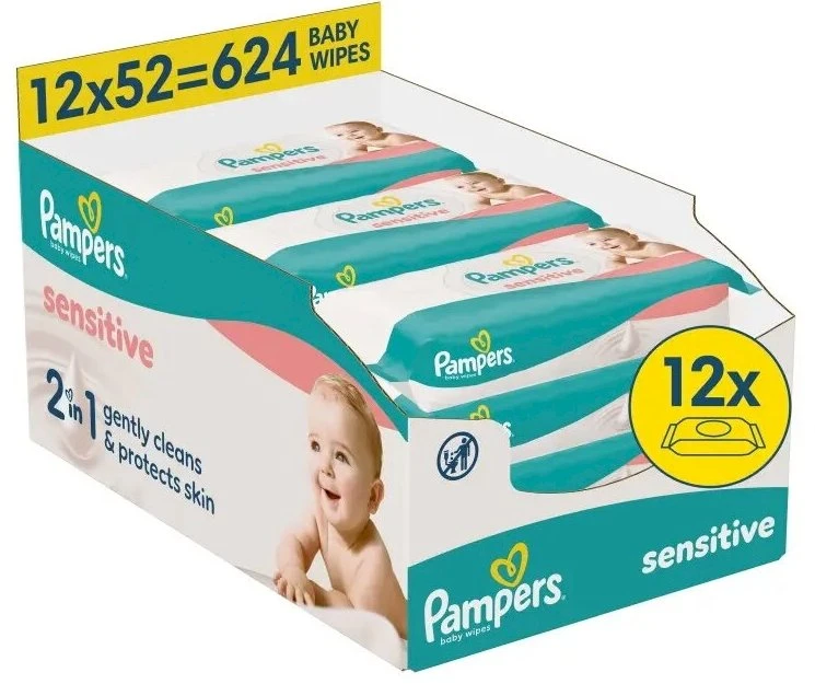 Pampers Sensitive Servetėlės Kūdikiams, 12 Pakuotė, 624 Servetėlės