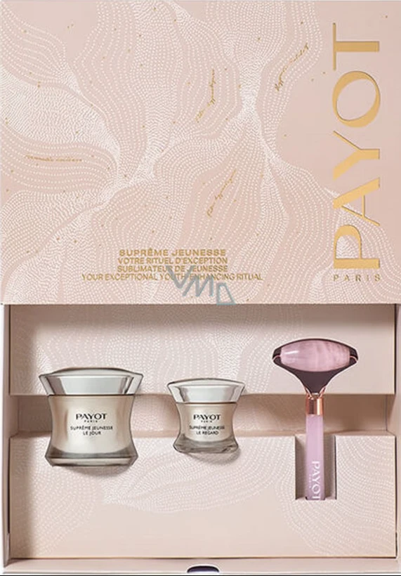Set Payot: Supreme Sublimating Anti-Aging Day Kreminis For Face, 50 ml + Supreme Jeunesse Le Regard Hydrating Paakių kremas, 15 ml + Gua Sha Baltas Lifting Face Massage Stone