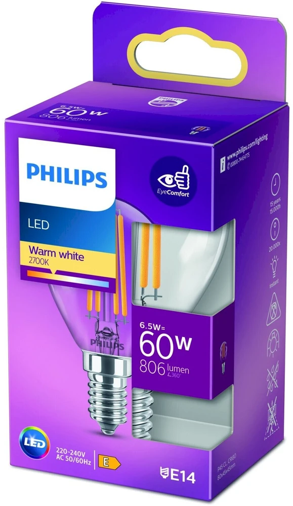 Lemputė Philips LED, P45, 2700 °K, E14, 6.5 W, 806 lm