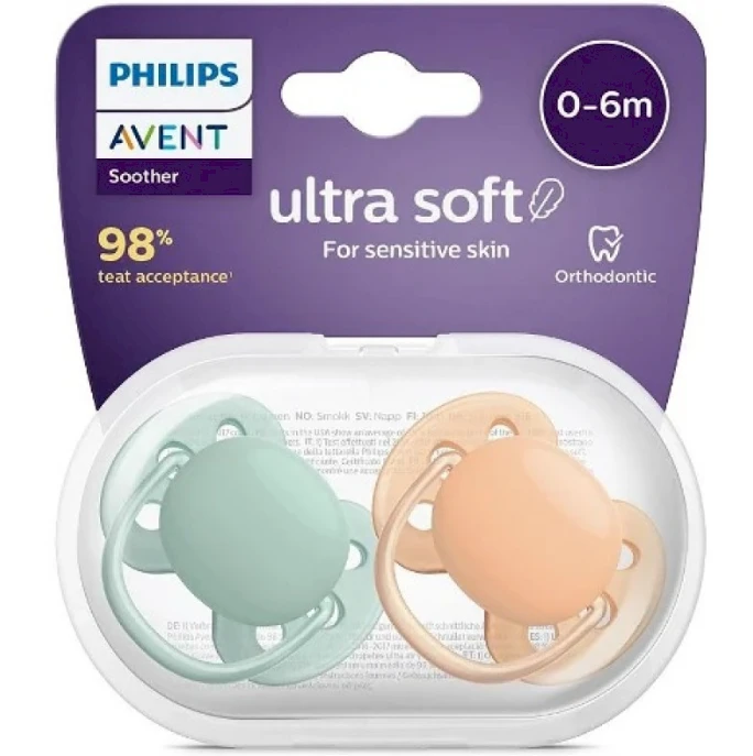 Philips AVENT SCF091/03 Žindukas Ultra Soft 0-6m žalia/oranžinė