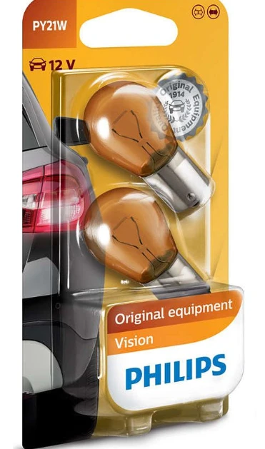 Philips PY21W oranžinės lemputės pakuotėje