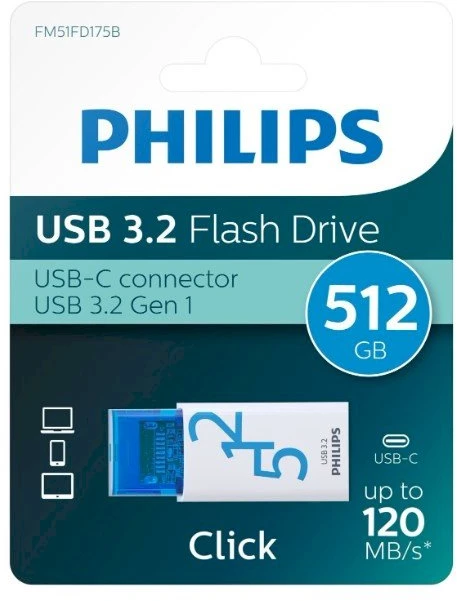 Pendrive Philips Click Series USB 3.2 Gen 1 USB-C 512GB Ocean Mėlyna (FM51FD175B/00)
