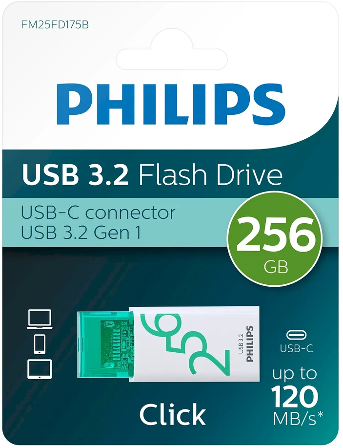 PHILIPS USB-C 3.2 Gen 1 atmintukas Click Spring Žalias 256GB