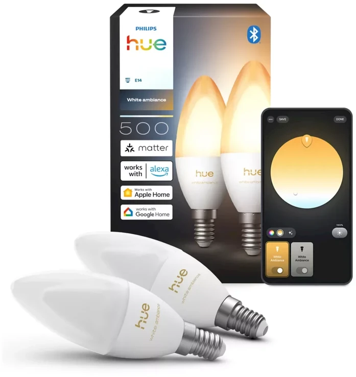 Philips Hue E14 3,7W Światło balta (1000-20000K) B39 świeczka 2-pak