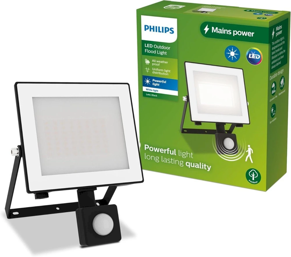 Philips Lois LED prožektorius 30W | 3200lm | 3000K | IP65 | Judesio jutiklis | Priblėsimos šviesos jutiklis | Juoda