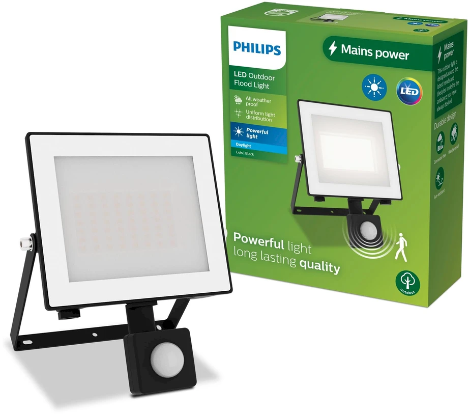 Philips Lois Naświetlacz LED 30W | 3200lm | 5000K | IP65 | Czujnik Ruchu | Czujnik Zmierzchu | Juodas