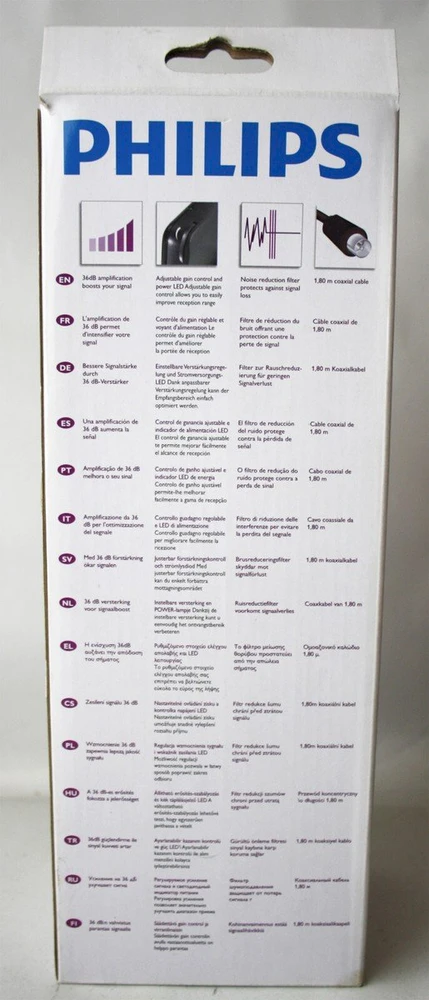 Philips Antena wewnętrzna tv su regulacją wzmocnienia, przewód koncentryczny 1.8m, 75ohm, 3g/4g, dvb-t/t2