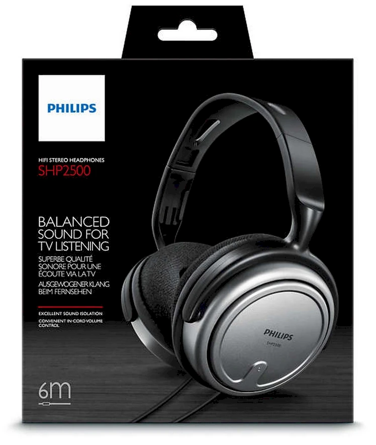PHILIPS Ausinės SHP2500, speaker diameter - 40 mm, frequency 15-22000Hz, 3,5-6,3mm jack/HiFi, TV/Sidabrinis