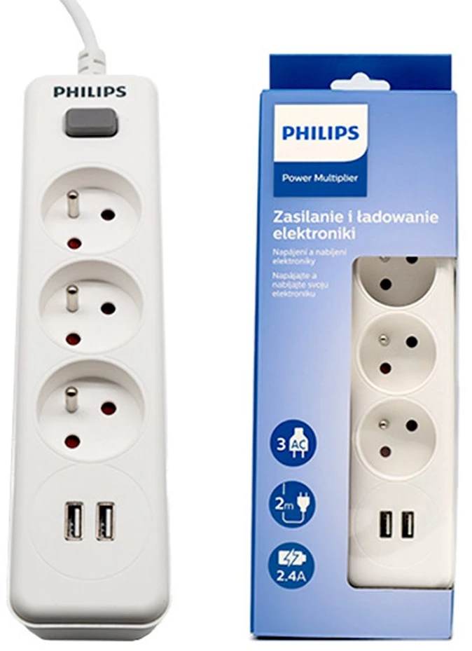 „Philips“ viršįtampių apsaugos įrenginys Balta, 3 lizdai, 2 x USB, 2 m, SPN3032WA/60