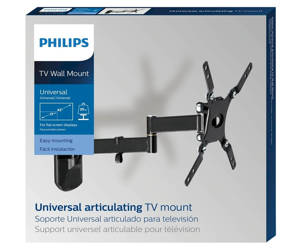 Philips Universalus šarnyrinis sieninis laikiklis televizoriui iki 42", suderinamas su VESA sieniniu laikikliu: 100x100 mm, 200x100 mm, 200x200 mm, prailginimas: 35 cm, atstumas nuo sienos: 4,2 cm, lygio korekcija, TV kabelių valdymas, montavimo šablonai ir techninė įranga.