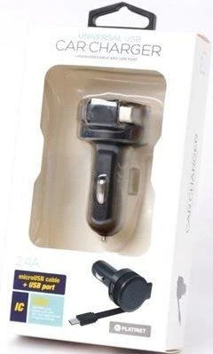 Įkroviklis automobilinis Platinet su MicroUsb laidu (1xUSB 2.4A) juodas