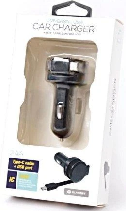 Įkroviklis automobilinis Platinet su Type-C laidu (1xUSB 2.4A) juodas