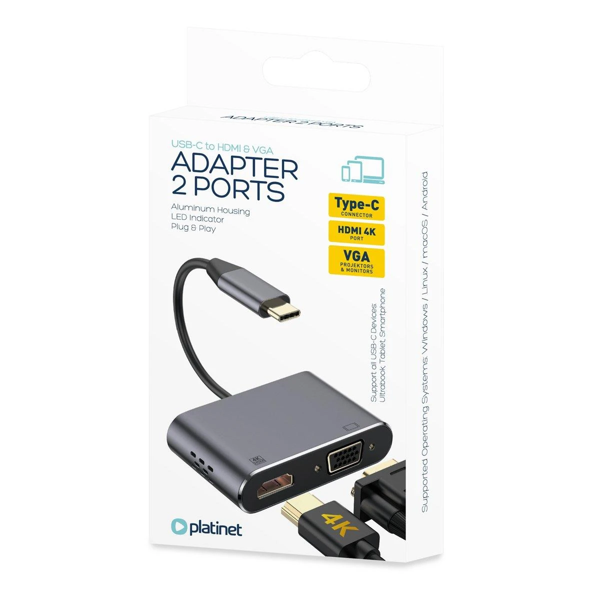 Platinet adapteris USB-C – HDMI/VGA (45224)
