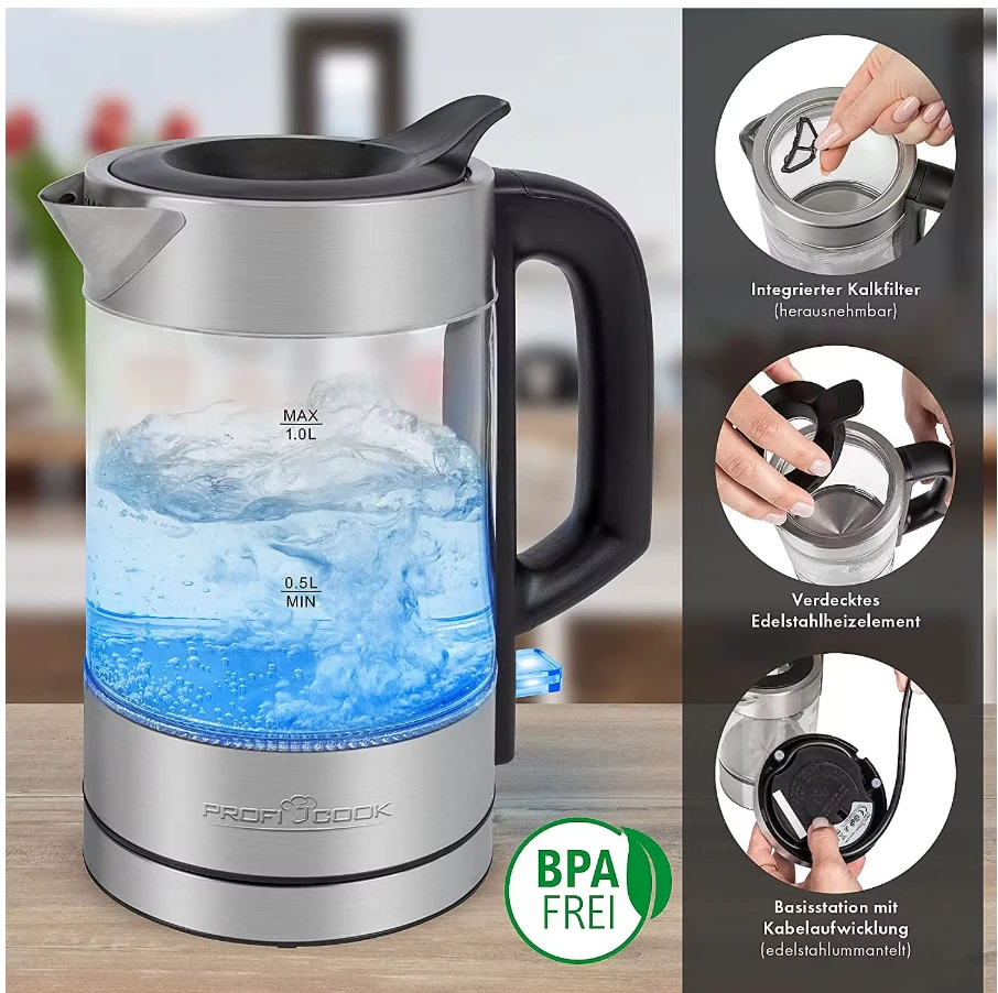 Profi Cook ProfiCook PC-WKS 1229 G electric virdulys 1 L 1600 W Nerūdijantis plienas, Transparent