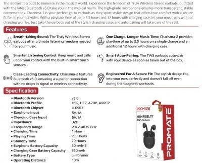 PROMATE Charisma 2 TWS Bluetooth stereo ausinės