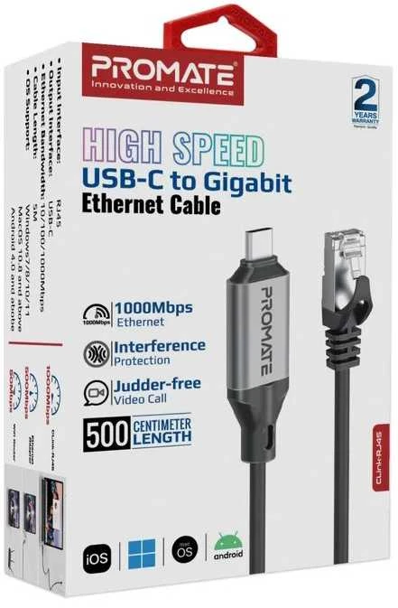 „Promate CLink-RJ45“ laidas USB-C į Ethernet 10/100/1000Mbps / 5m