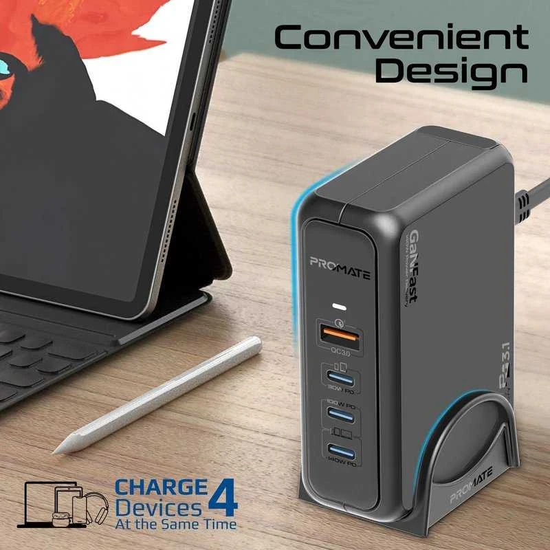 „Promate GaNPort-140W GaNFast™“ įkrovimo stotelė 140 W / USB-C PD 3.1 / QC3.0