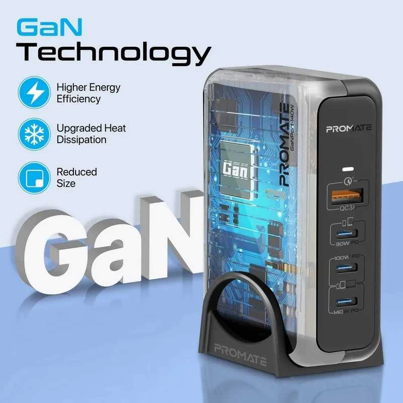 „Promate GaNPort-140W GaNFast™“ įkrovimo stotelė 140 W / USB-C PD 3.1 / QC3.0