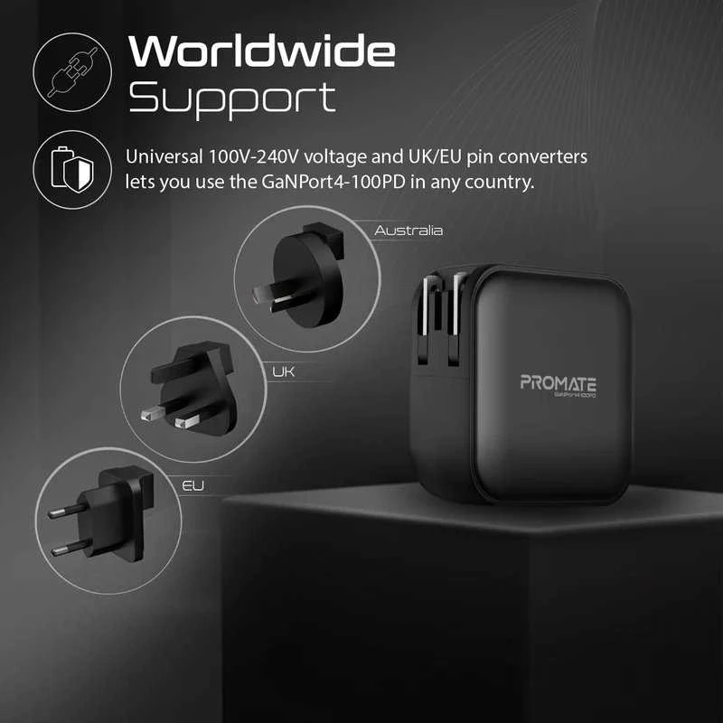 Promate GaNPort4-100PD GaNFast™ sieninis įkroviklis ES/ASV/AK/AUS