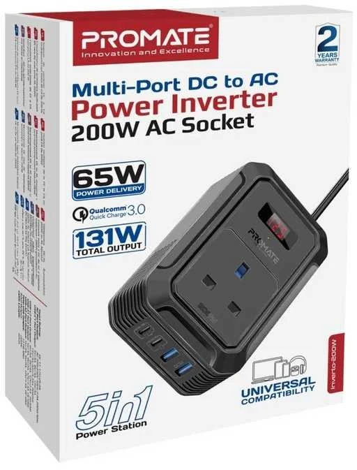 „Promate Inverto-200W“ automobilio keitiklis DC-AC 11–17 V 200 W / USB-C PD65 W