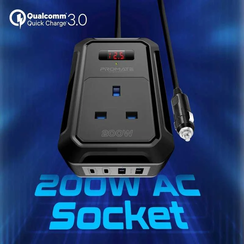 „Promate Inverto-200W“ automobilio keitiklis DC-AC 11–17 V 200 W / USB-C PD65 W