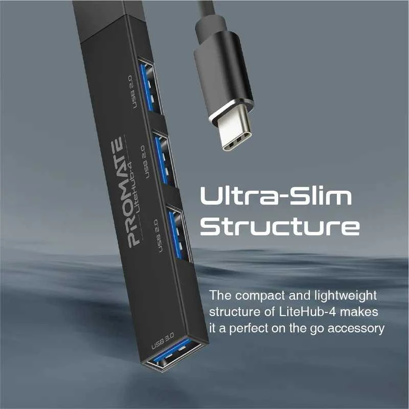 Promate LiteHub-4 USB-C šakotuvas, siauras korpusas