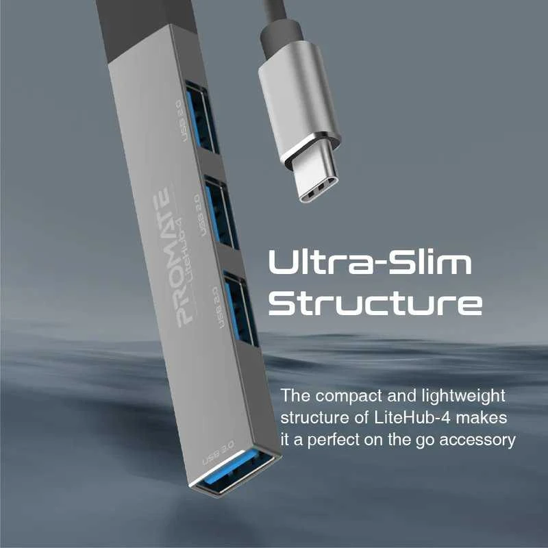 „Promate LiteHub-4“ USB-C šakotuvas, 3xUSB2.0 + USB3.0