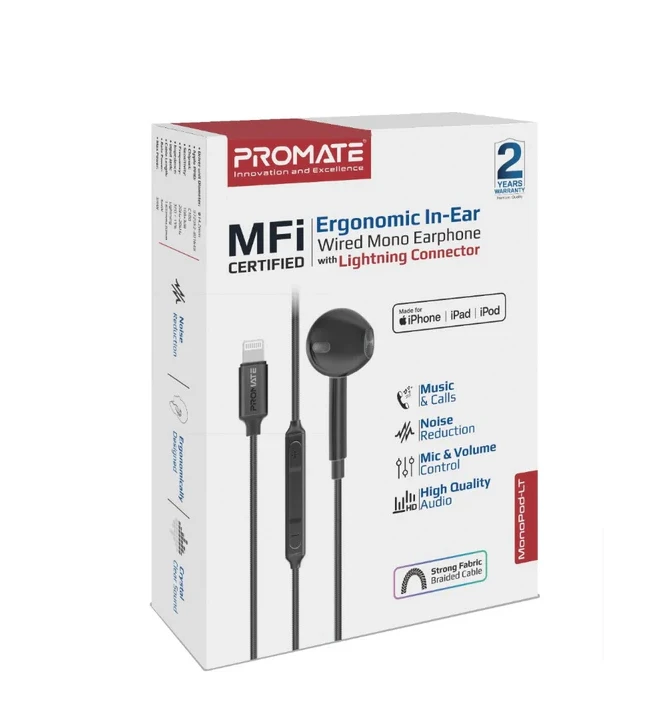 Ausinės Promate MonoPod Ergonomic Mono MFI Certified In-Ear su laidu Earphones Lightning / 1.3m