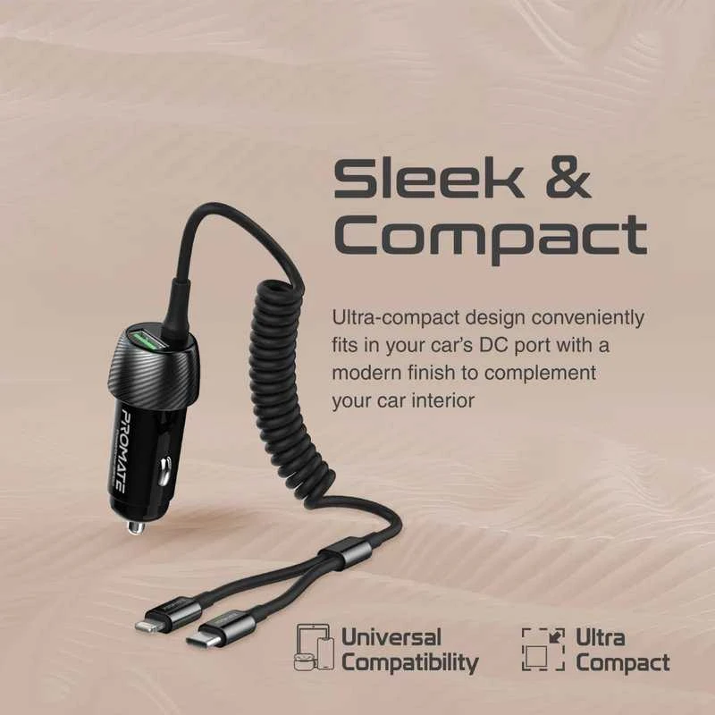 „Promate PowerDrive-33PDCI“ automobilinis įkroviklis 33 W / USB-C / „Lightning“