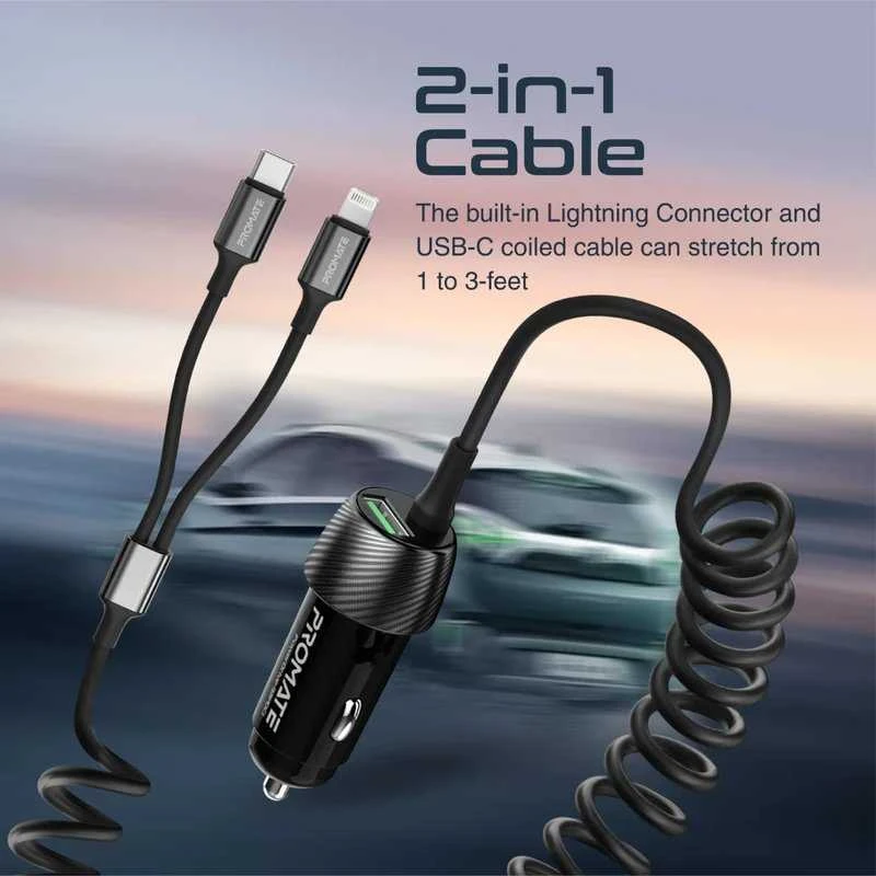 „Promate PowerDrive-33PDCI“ automobilinis įkroviklis 33 W / USB-C / „Lightning“