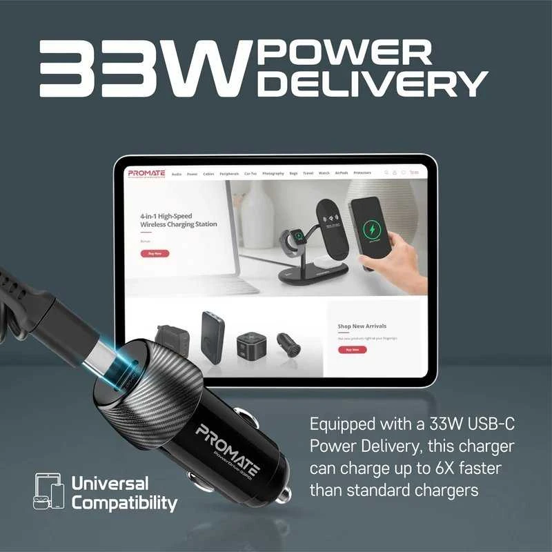 „Promate PowerDrive-33PDI“ automobilinis įkroviklis 33 W / „Lightning“ + USB-C