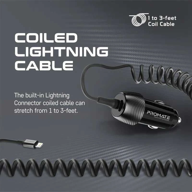 „Promate PowerDrive-33PDI“ automobilinis įkroviklis 33 W / „Lightning“ + USB-C