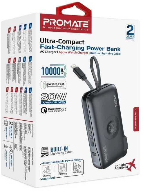 „Promate PowerPack-10i“ įkroviklis-išorinė baterija 22 W / 10000 mAh / USB-C / QC3.0 / iWatch 2,5 W / 220 V ES/JAV/JK