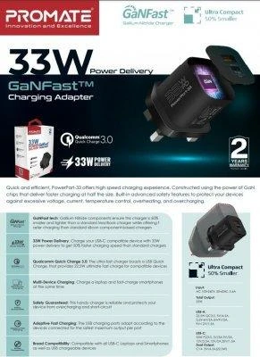 PROMATE PowerPort-33 GaNFast įkroviklio adapteris 33W / USB-C PD / USB-A
