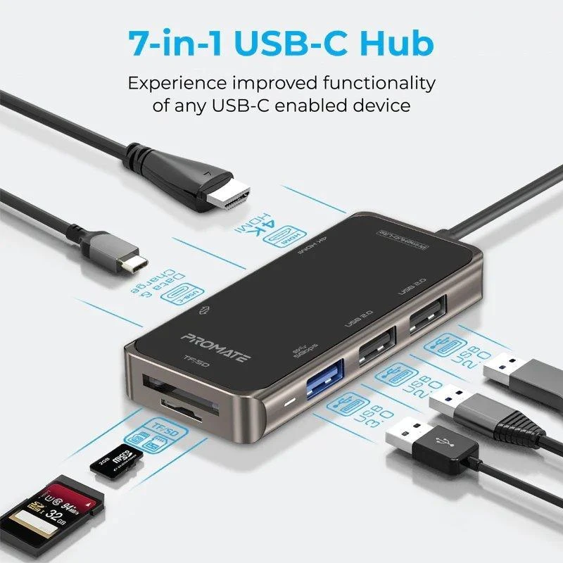 Promate PrimeHub-Lite 7-in-1 šakotuvas su jungčių grafika