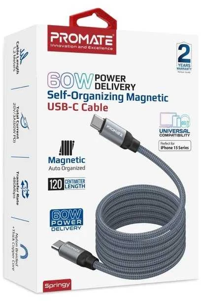 „Promate“ spyruoklinis magnetinis kabelis USB-C 60WPD / 1,2m