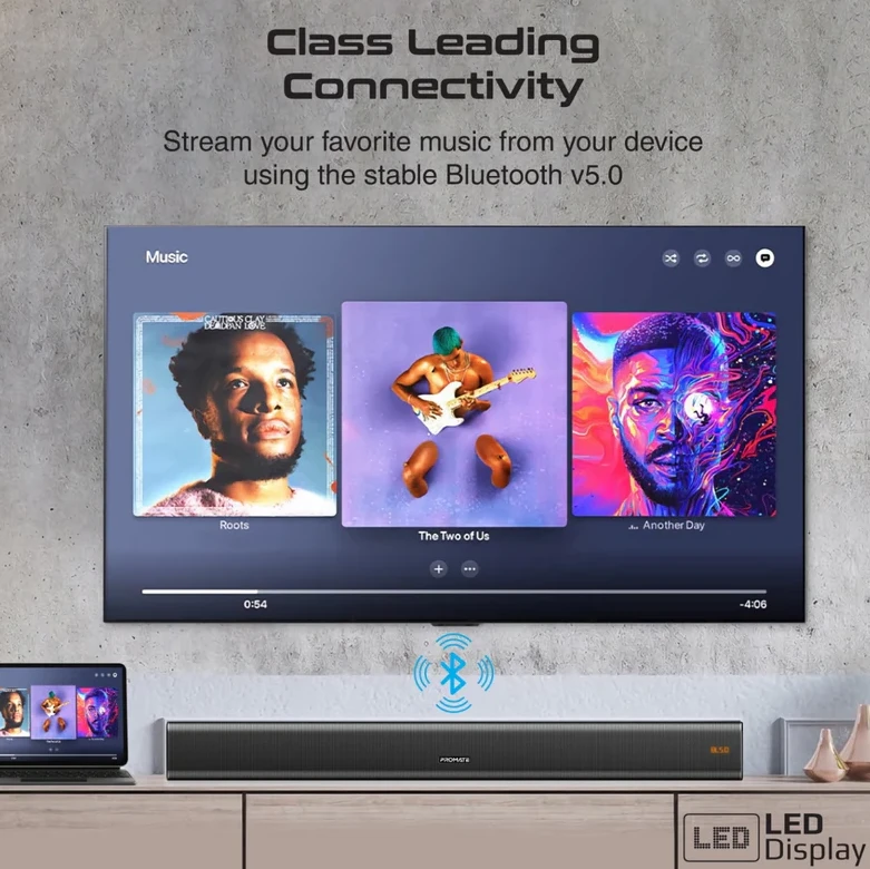 Namų kino sistema „Promate StreamBar30 BassBoost“ garso juosta su žemųjų dažnių garsiakalbiu