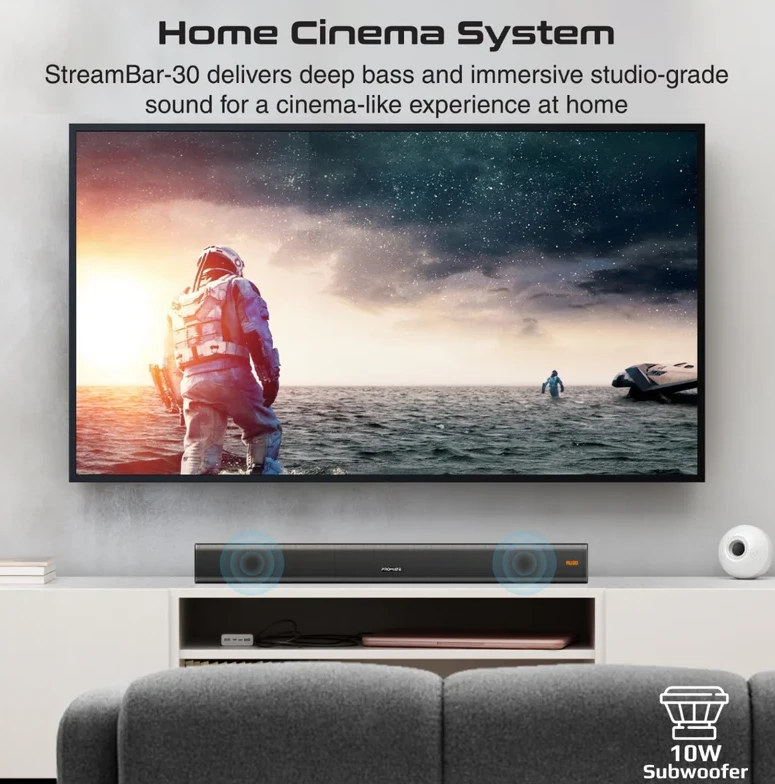 Namų kino sistema „Promate StreamBar30 BassBoost“ garso juosta su žemųjų dažnių garsiakalbiu