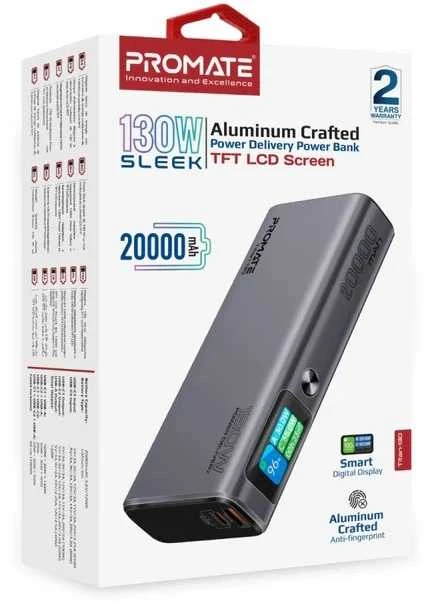 „Promate Titan-130“ išorinė baterija, 130 W / 20000 mAh / USB-C PD / QC3.0
