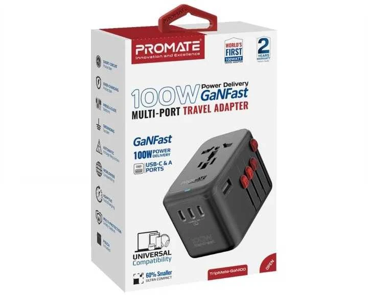 „Promate TripMate-GaN100 GaNFast™“ kelių prievadų sieninis įkroviklis, 100 W / ES/JAV/JK/AU