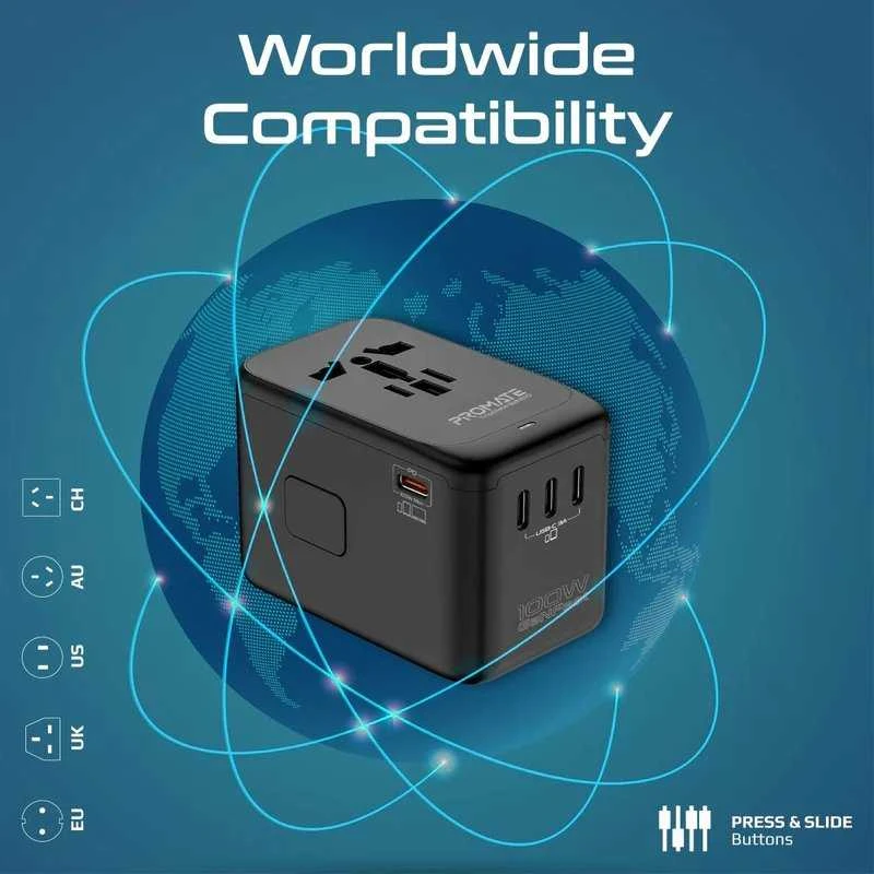 „Promate TripMate-GaN100 GaNFast™“ kelių prievadų sieninis įkroviklis, 100 W / ES/JAV/JK/AU