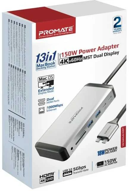 PROMATE VersaHub-MST 13 viename dvigubas USB-C multimedijos šakotuvas / dvigubas 4K HDMI / USB3.0 / 150 W