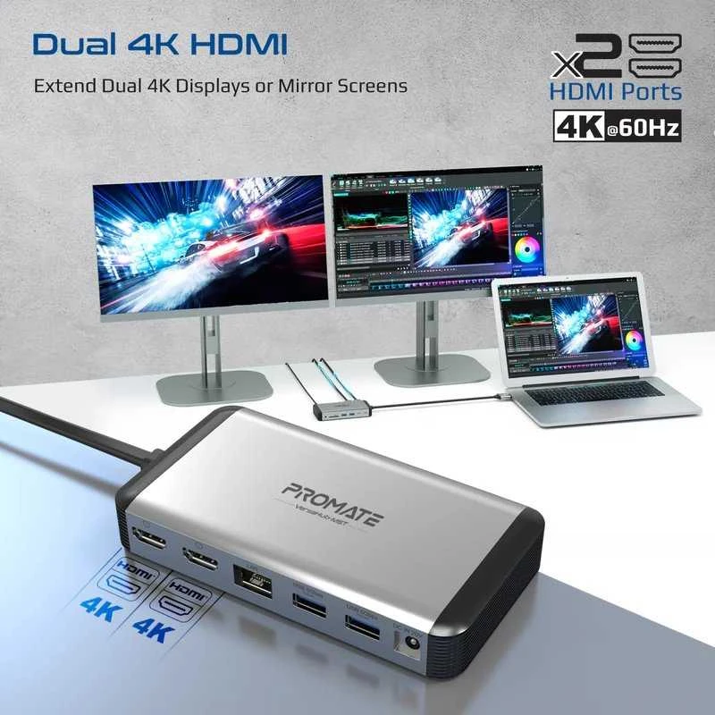 PROMATE VersaHub-MST 13 viename dvigubas USB-C multimedijos šakotuvas / dvigubas 4K HDMI / USB3.0 / 150 W